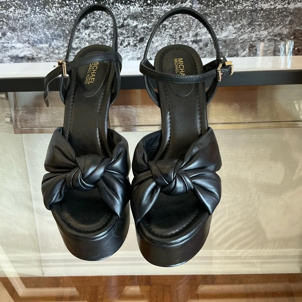 Michael Kors Black Leather Knotted Platform Sandals 6.5